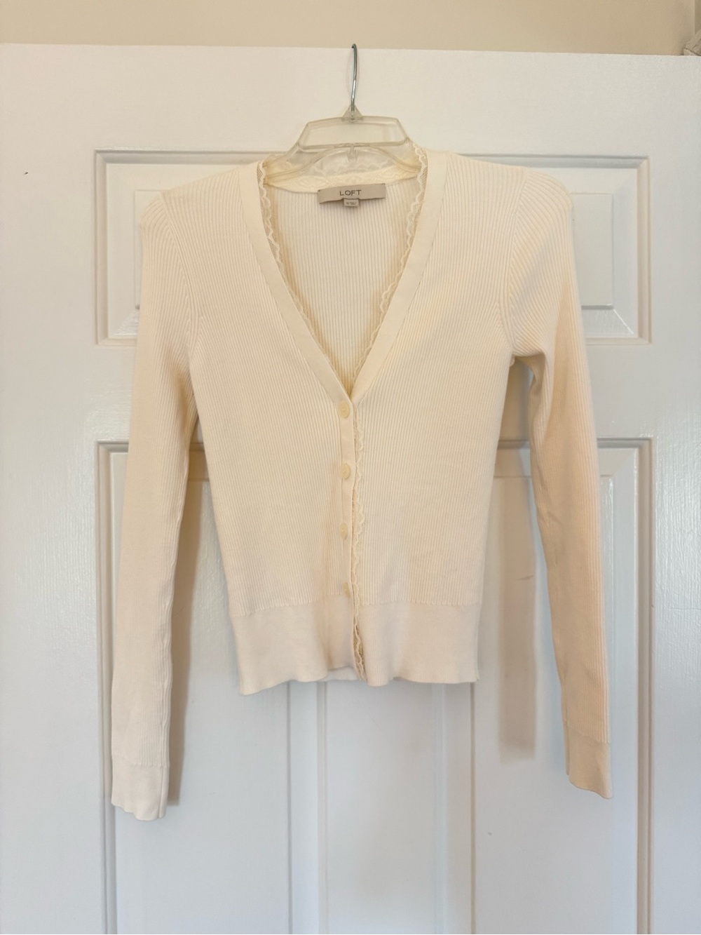 LOFT Cream/Ivory Ribbed Lace Trim Cardigan Sweater